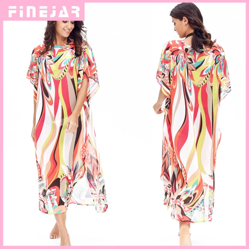 

2016 New Long-Sleeved Round Neck Multicolor Printing Loose Chiffon Blouse Turkish Beach Sun Dress