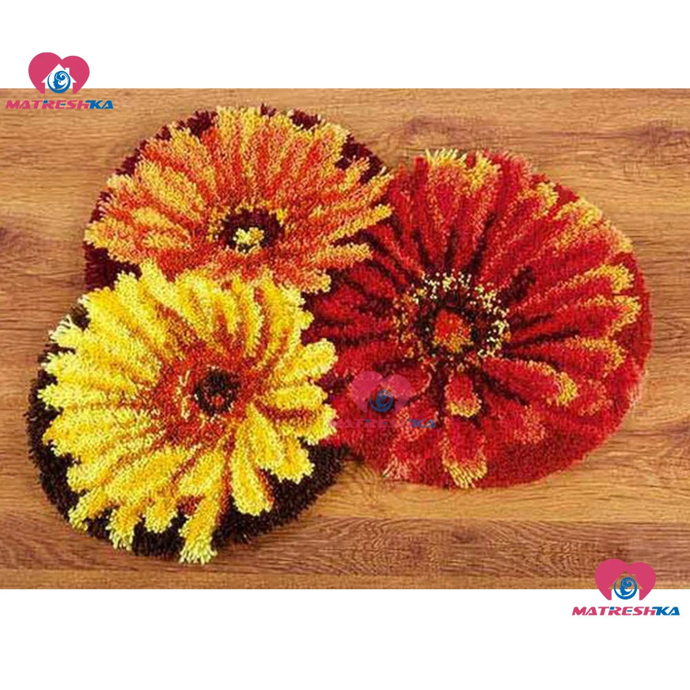 

Latch Hook Rug Kits DIY Needlework Unfinished Crocheting Rug Yarn Cushion Mat Embroidery Carpet Rug Gerbera Flowers Home Decor