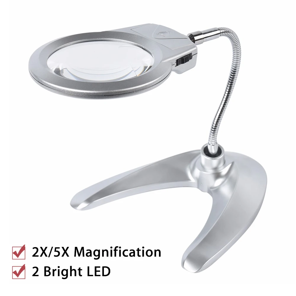 2X/5X Desktop Adjustable Magnifier Magnifying Glass with 2pcs LEDs