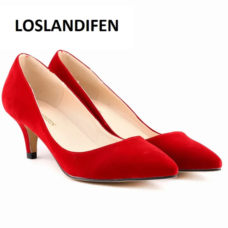 LOSLANDIFEN Women Pumps 6cm mid heel Classic Pointed Toe Kitten Heels Shoes Faux Suede Spring Wedding Pumps 952 AliExpress Shoes