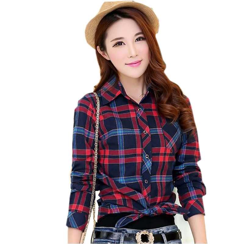 2017 Camisa A Cuadros de Moda estilo de la Universidad Femenina de las mujeres de Manga Camisa de Franela Más El Tamaño de Algodón Blusas Oficina 6689|plaid shirt|blouse longshirt