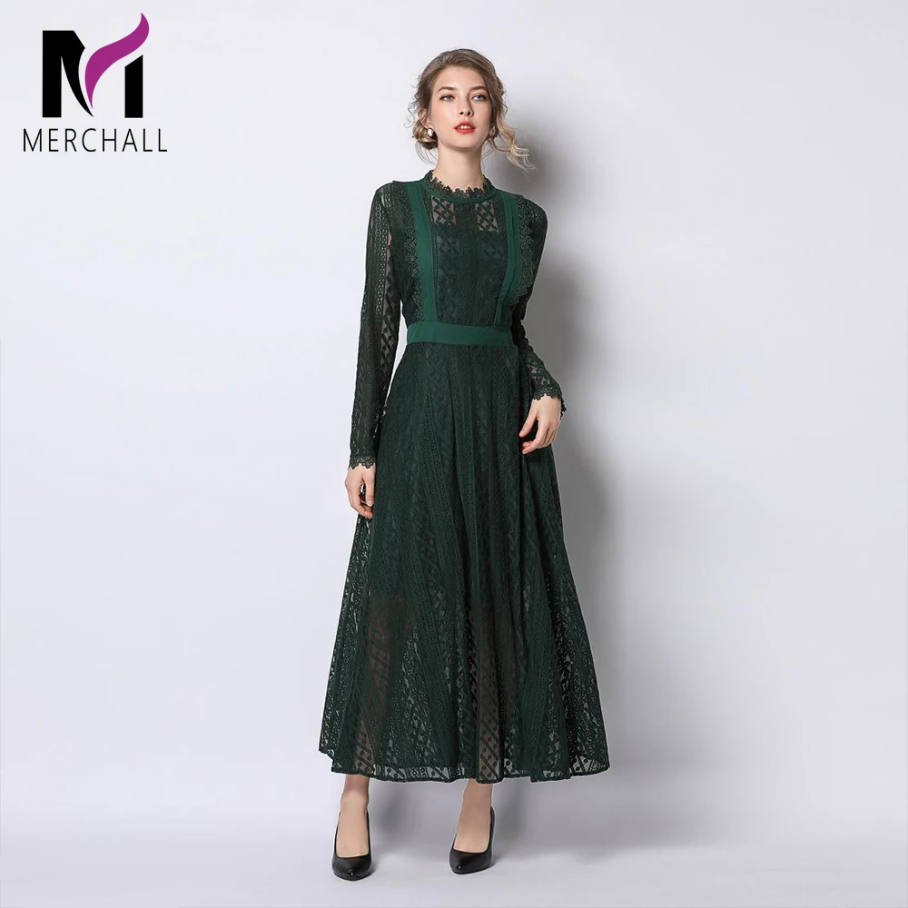 

Merchall 2019 Runway New Arrive Pleated Long Dress Long Sleeve Dark Green Elegant Women Fashion Designer Party Maxi Dresses