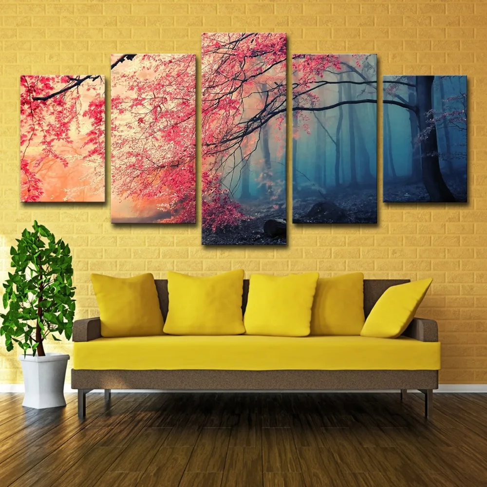 5P0037 Canvas HD Prints Posters Home Decor Wall Art Red Trees Forest Pictures 5 Pieces Cherry Blossoms Paintings Living Room Framework  (2)