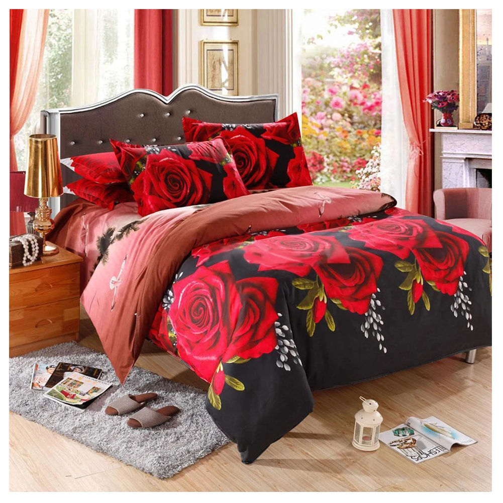 4PCS 3D Printed Bedding Set Fitted Sheet Bed Cover Pillow Cases 230*250cm rosein Bedding Sets