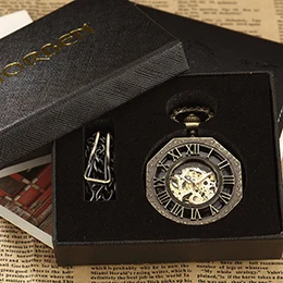 Винтажные уникальные Восьмиугольные Механические карманные часы с римскими цифрами в стиле стимпанк с цепочкой-брелоком полностью Стальные наручные часы Reloj de bolsillo - Цвет: Bronze with box