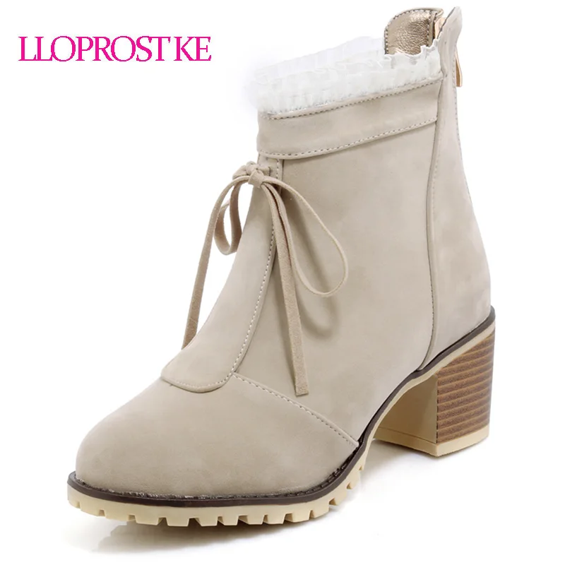 

LLOPROST KE Women Boots Winter Warm Thick Heel Platform Ankle Boots Zipper Round Toe Bow Tie Shoes Hot Sale Big Size 34-43 GL085