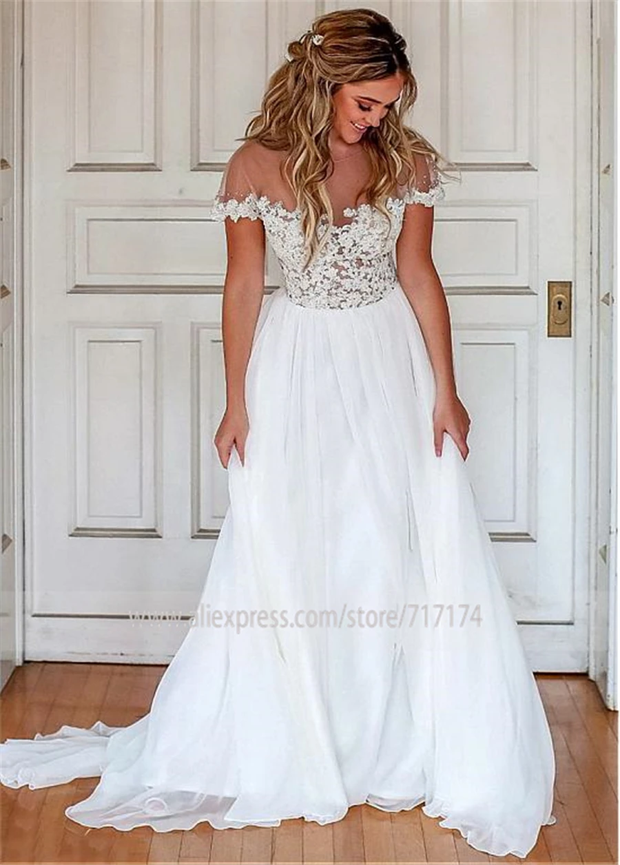 Junoesque шифоновое свадебное платье трапециевидной формы с круглым вырезом, украшенное бисером кружевом, с кружевной аппликацией и коротким рукавом, свадебное платье, vestido madrinha