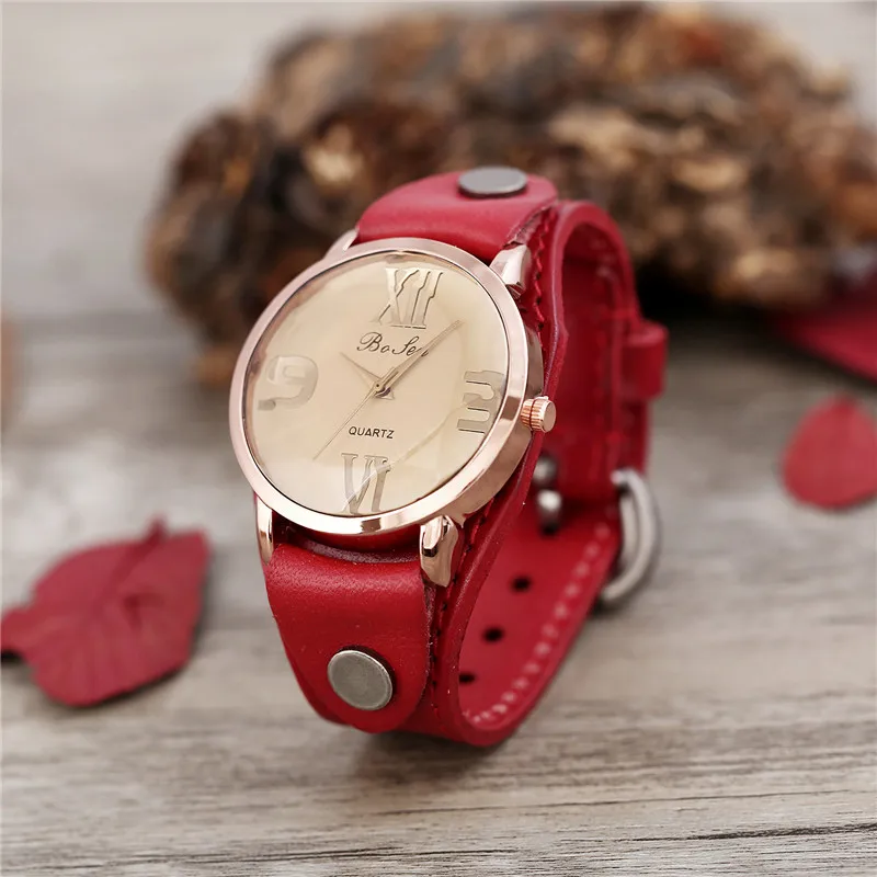 

Vintage Women's Watch Glass Dial Casual Red Leather Strap Ladies Quartz Wristwatch For Women Relogio Feminino Drop Shipping
