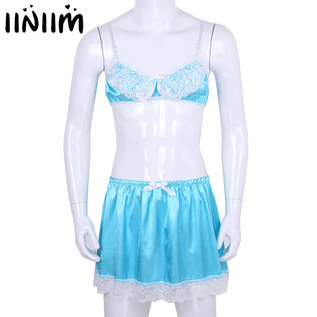 

Mens Smooth Satin Lace Sissy Lingerie Set Honeymoon Adjustable Spaghetti Straps Bra Top with Short Skirt Gay Sexy Underwear