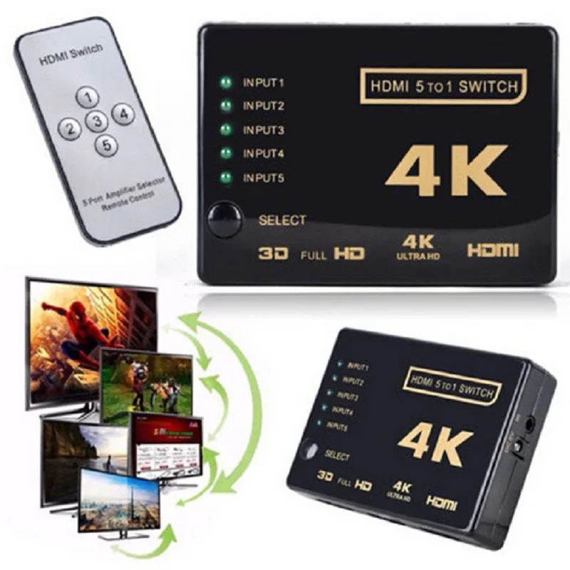 4K мини-Коммутатор HDMI 5 портов концентратор Переключатель Селектор сплиттер коробка Ultra HD домашний аудио видео кабели с ИК-пультом дистанционного управления для DVD HDTV Xbox