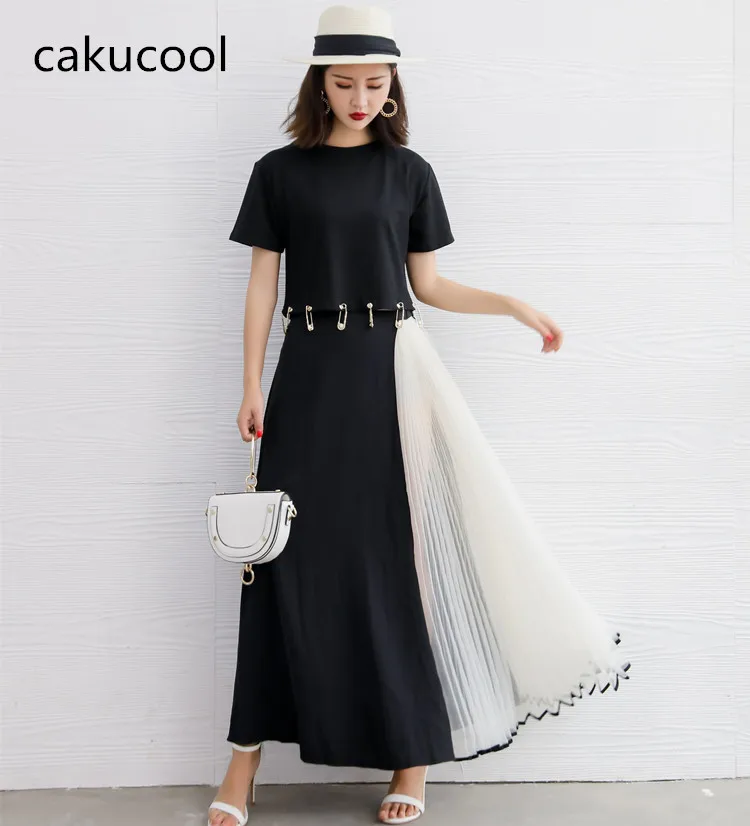 Cakucool шикарный Для женщин летние черный, белый цвет патч-юбка Повседневное, удлиненные, плиссированные, семейный образ, свободные, длиной до щиколотки из гренадина с завышенной талией юбки