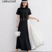 Cakucool шикарный Для женщин летние черный, белый цвет патч-юбка Повседневное, удлиненные, плиссированные, семейный образ, свободные, длиной до щиколотки из гренадина с завышенной талией юбки