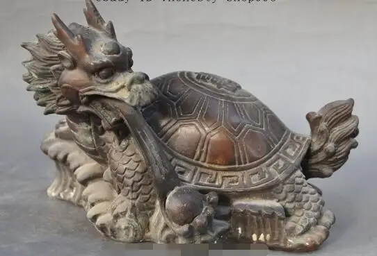 

S01183 8"old China Bronze FengShui Longevity Dragon Turtle Tortoise play bead Statue B0403
