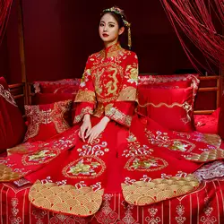 Высокое качество традиционное китайское свадебное длинное платье Cheongsam ручной работы вышивка дракон феникс Qipao Ретро Халат