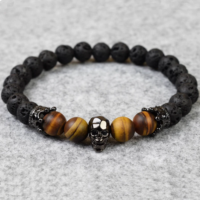 

Trendy Royal Crown Skull Men Bracelet 2019 New Fashion Lava Tiger Eye Bead Charm Bracelet For Men Punk Jewelry