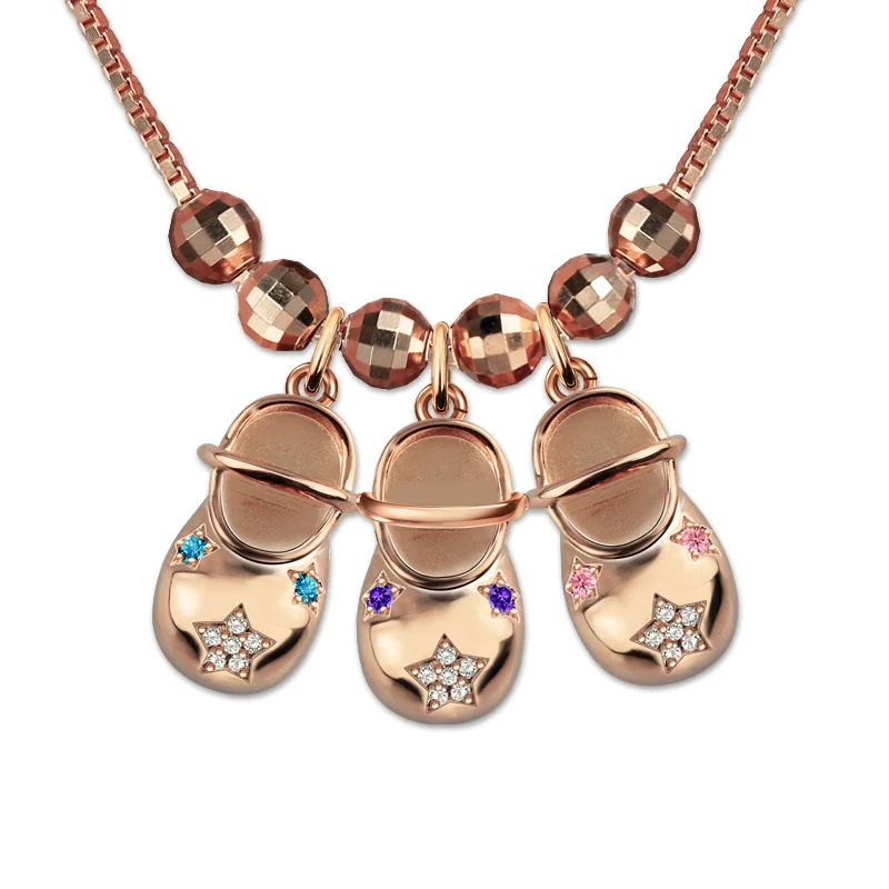 Customized Engraved Baby Shoe Charm Pendant with Birthstones Rose Gold
