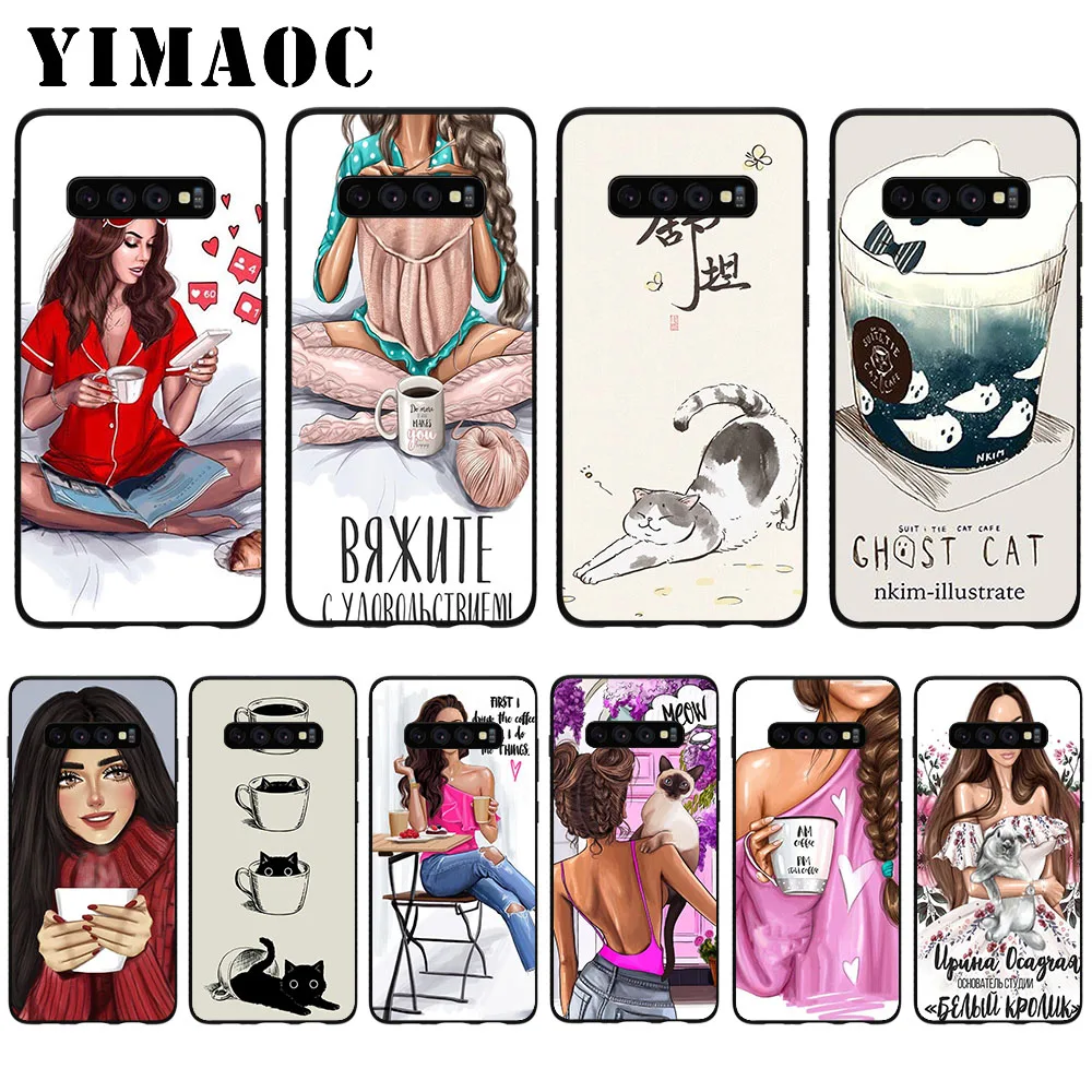 

YIMAOC Girls And Cat Coffee Soft Case for Samsung Galaxy S10 Plus S10e S6 S7 Edge S8 S9 Plus J6 M10 M20 M30