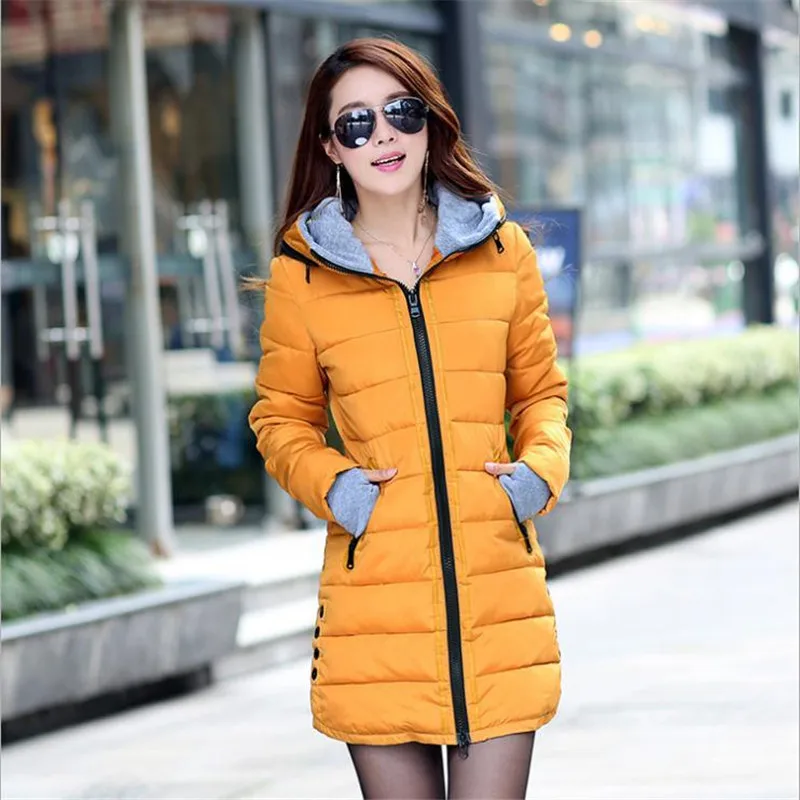 Ladies Autumn Winter Jacket Women Down Parkas Long Female Causal Hooded Zipper Black Jacket Coat Outwear chaqueta mujer - Цвет: Оранжевый