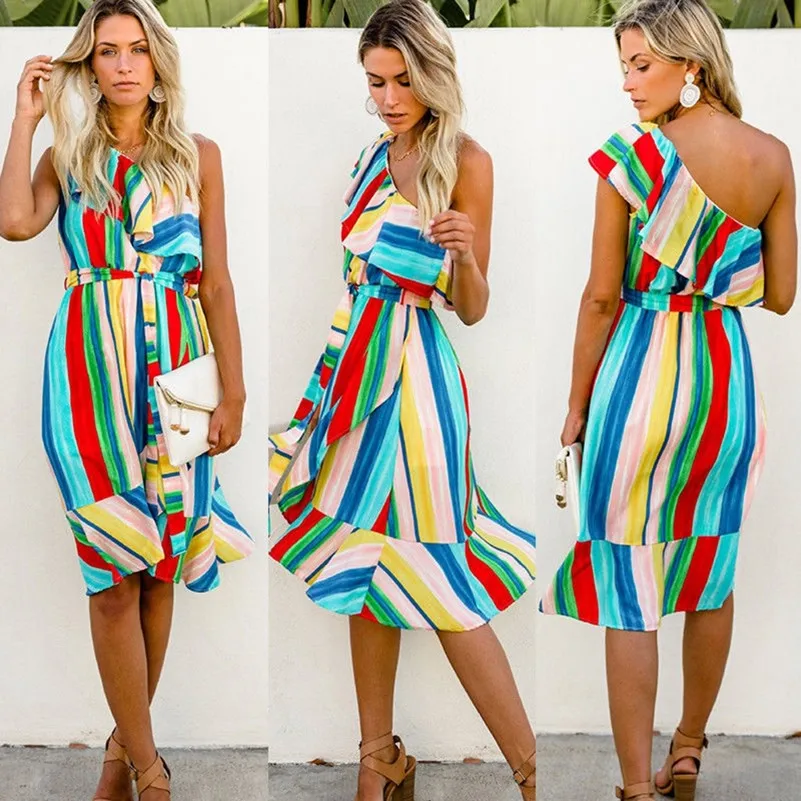 one shoulder rainbow dress