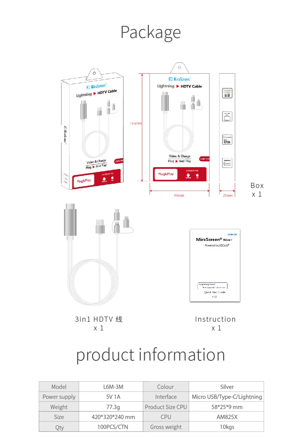 Mirascreen 3 в 1 3 м HDTV кабель Тип C и Micro USB и для lightning разъем Plug and Play Miracast кабель для apple Android телефон