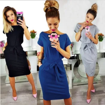 

Summer Women's Dress Casual Slim Pocket Belt Dress Sexy Bodycon Club Vestidos