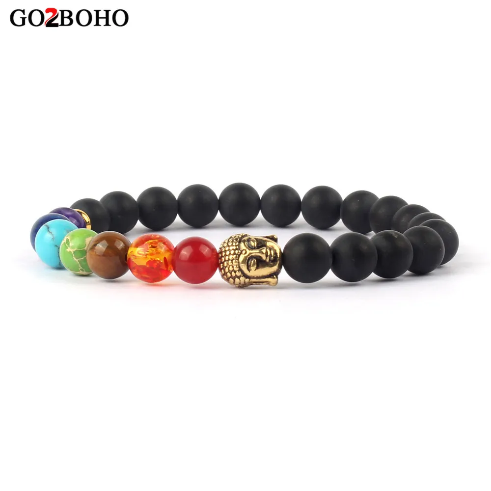 

Go2boho Bracelet Buddha head 7 Chakra Bracelets Women Men Jewelry Yoga Meditation Pulseira Natural Scrub Stones Beaded Healling