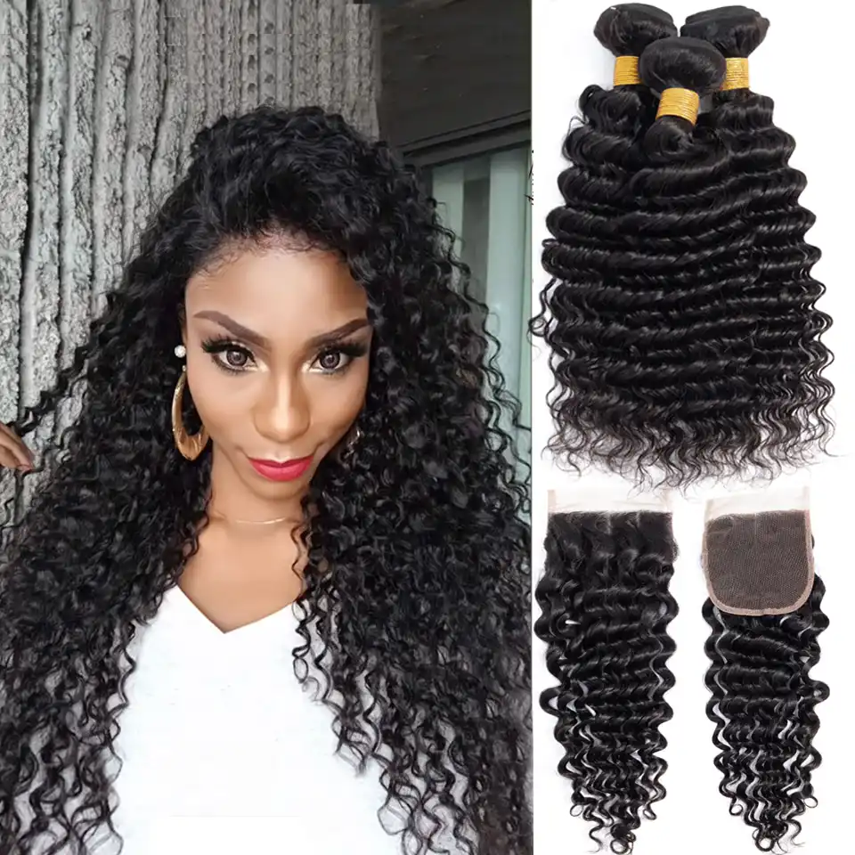 Brazilian Deep Wave Bundles With Closure Peruvian Hair Weave