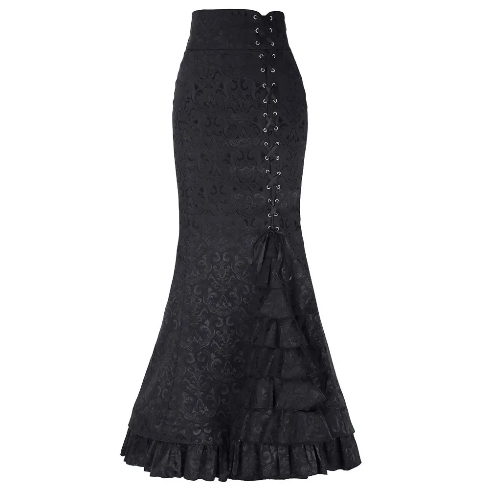 

New Women Sexy Gothic Vintage Long Mermaid Skirt Floral Print Ruffe Lace Up Maxi Skirt Bodycon Slim Elegant Long Skirt 2019 O13