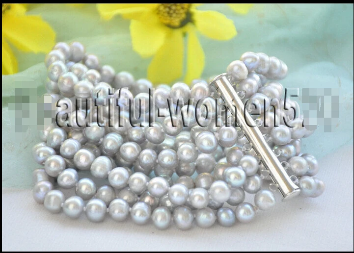 

Z7154 8Strds 7mm gray round freshwater cultured pearl bracelet 8inch magnet@^Noble style Natural Fine jewe SHIPPING new >>free s