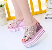 2017 pailletten frauen Plattform Sandalen hausschuhe Frauen High Heel Freizeitschuhe Offene spitze Plattform wedges beleg auf Mode schuhe