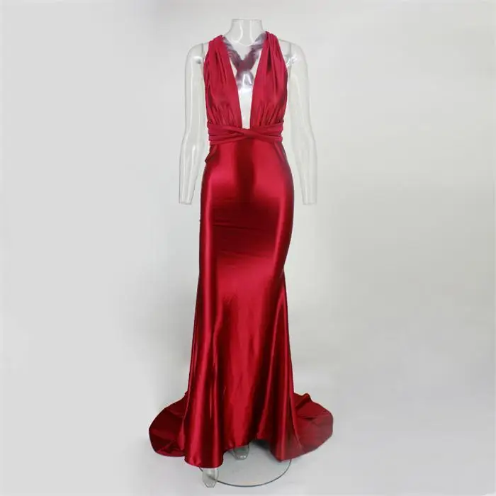 SANTUNE сексуальное блестящее атласное облегающее платье с глубоким v-образным вырезом и открытой спиной, свадебное Бандажное платье с лямкой на шее, Вечернее Макси платье в пол - Цвет: Red