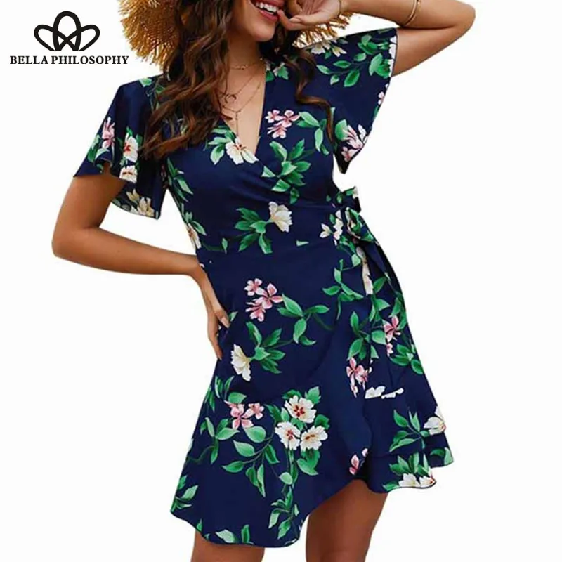 2019 NEW Summer Short Butterfly Sleeve Boho Dress Vintage Print Floral Female Sexy Mini Dress Casual Loose Beach Dress Wonder