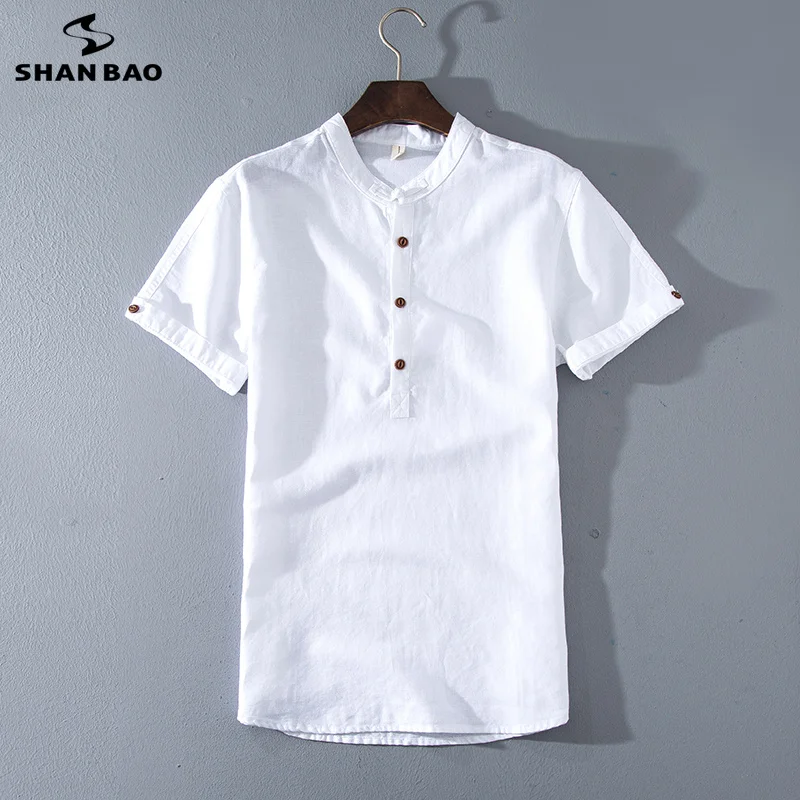 

SHANBAO high quality breathable cotton and linen men's summer casual short-sleeved shirt 2019 new large size solid color shirt