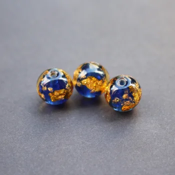 

10pcs/Lot 10mm 12mm Lampwork Beads Handmade Blue color with Gold foil for jewelry Making
