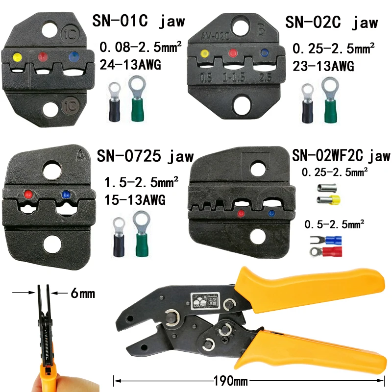 Цвета обжимные плоскогубцы челюсти(Челюсть ширина 6 мм/плоскогубцы 190 мм) для большинства типов изоляции SN-01C SN-02C SN-0725 SN-02WF2C