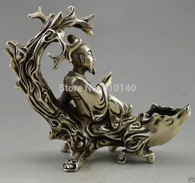 

Collectible Decorated Old Handwork Tibet Silver Elder Read On Tree Branch Statue