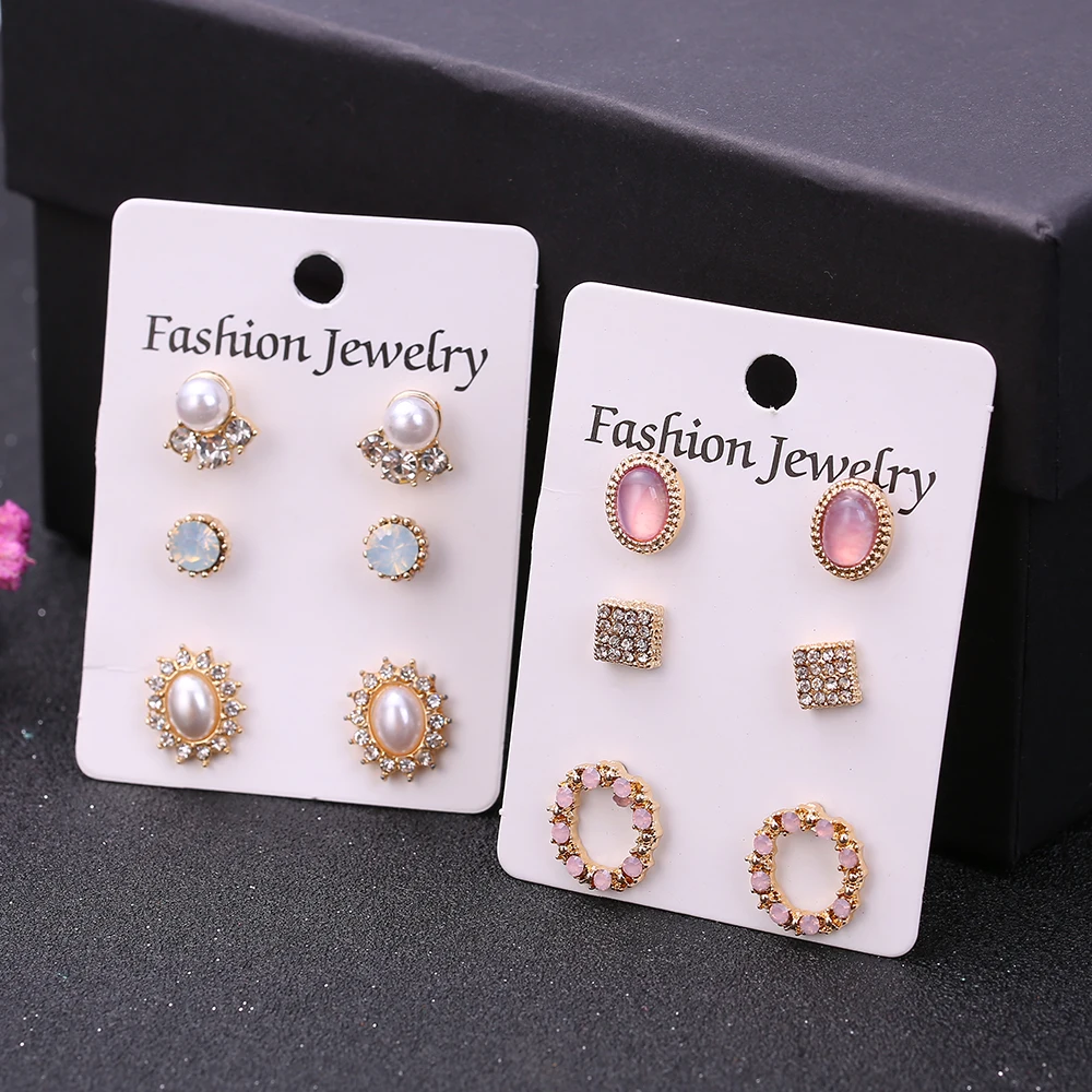 3 pairs/set Bohemian stud earrings set for women new fashion jewelry accessories retro pearl crystal earrings gifts