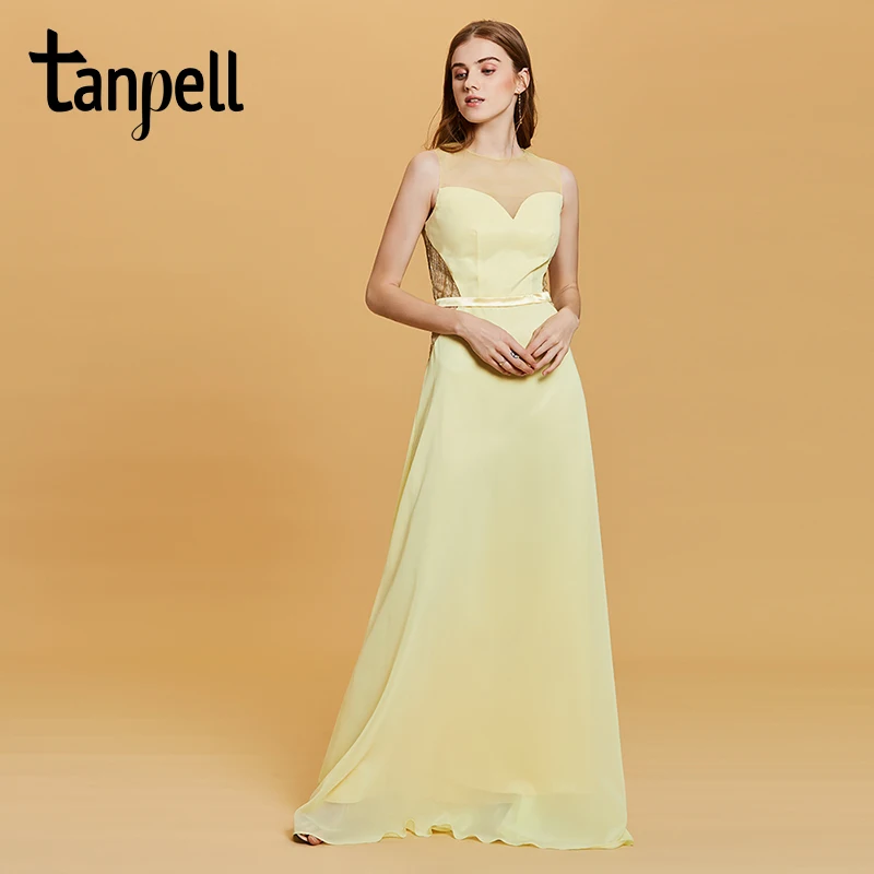 

Tanpell a line long prom dress daffodil scoop neck floor length lace gown women sleeveless party evening formal prom dresses
