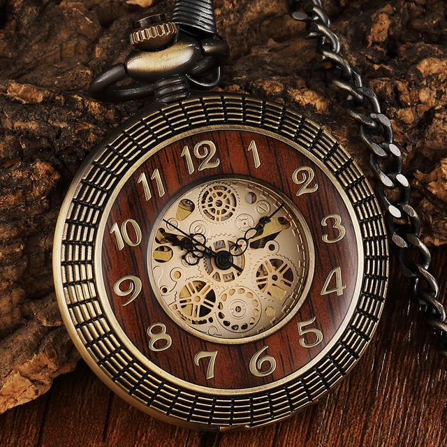 Vintage Wood Circle Carved Number Dial Mechanical Pocket Watch Men Unique Hollow Vintage Wood Circle Carved Number Dial Mechanical Pocket Watch Men Unique Hollow