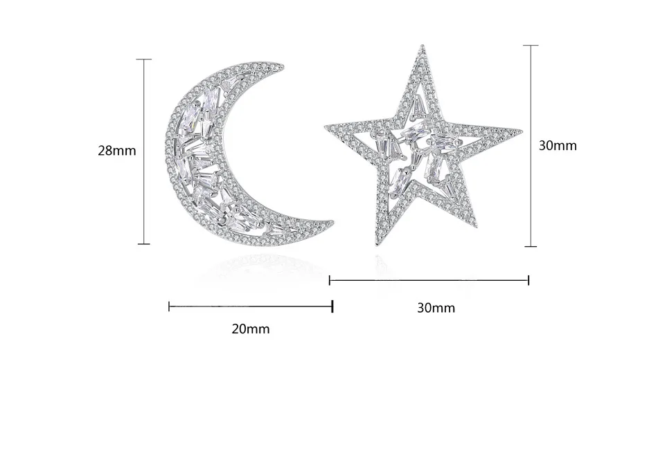 Дизайн AAA кубический цирконий Луна Звезда Асимметричный штифт серьги женские милые серебристый цвет CZ луна звезда серьги