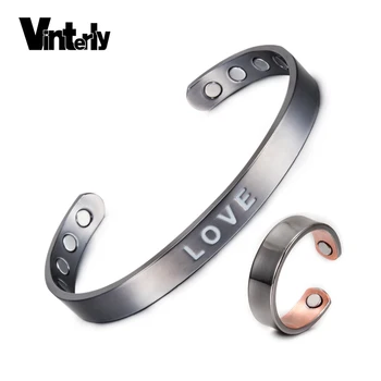 

Vinterly Magnetic Copper Bracelet Rings for Women Men Love Black Cuff Adjustable Jewelry Sets Energy Bracelet Bangles for Lovers