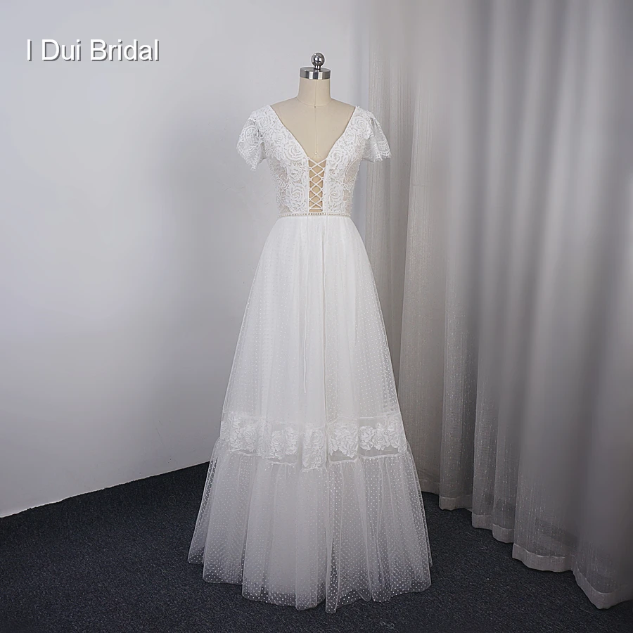 

Dot Tulle Boho Wedding Dress with Short Sleeve String Tie Neckline Bridal Gown New Style Factory Real Photo
