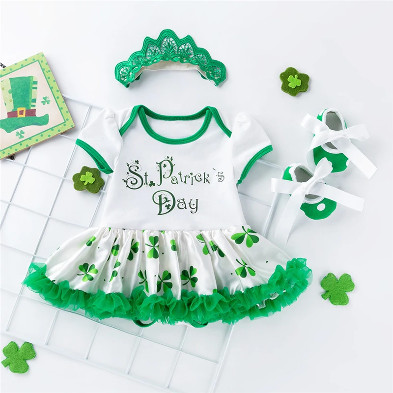 2019 Summer 3 PCS Toddler Baby Girls St. Patrick's Day Headband+Dress Outfits Set Ballet Dress For Girls Short Sleevs V8@ (3)