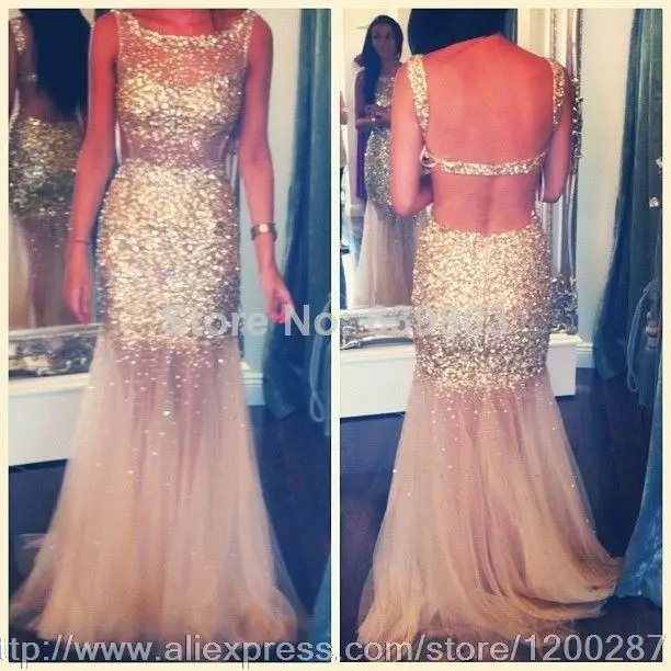 Dazzling Sheath Scoop Neckline Full Beaded Crystal Open Back Floor Length Long Evening Dress 2014 Newest Custom Made | Свадьбы и