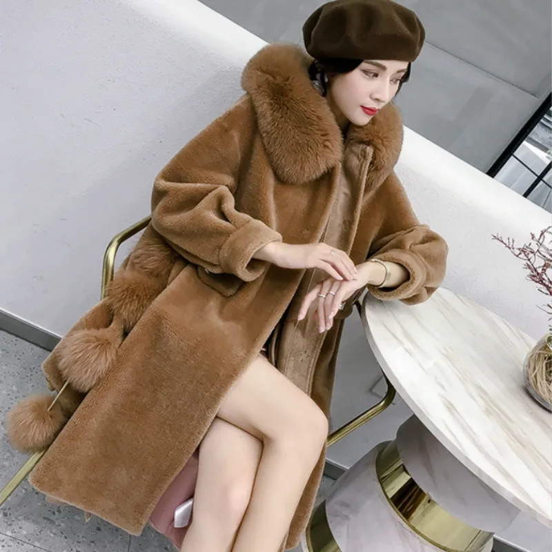 

Fox Fur Collar Real Fur Coat Streetwear 100% Wool Jacket Autumn Winter Coat Women Clothes 2019 Korean Vintage Sheep Shearling
