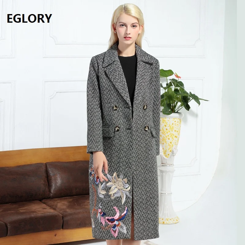 

Top Quality Women Wool Jackets 2018 Autumn Winter Wool Embroidery Long Coats Ladies Double Breasted Wool Overcoats Outerwear XXL