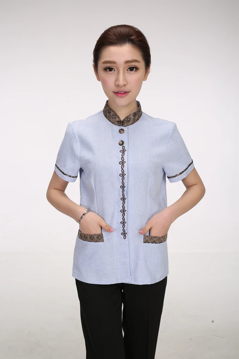 New Summer Cleaning Clean Short-sleeved Work Uniforms Linen Collar Cleaning Waiter Female Cleaning Waiter Traditional Uniforms - Цвет: 3