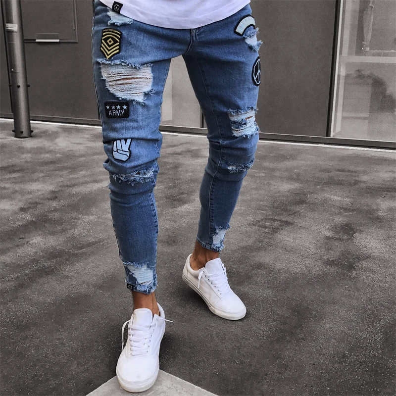 Для мужчин эластичная рваные байкерские джинсы скинни уничтожены тесьмой Slim Fit джинсовые штаны AU