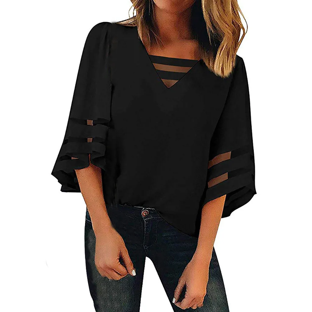 

Feitong Large Size Women Blouse Women Button V Neck Mesh Panel Blouse 3/4 Bell Sleeve Loose Top Tunic Shirt blusas mujer de moda