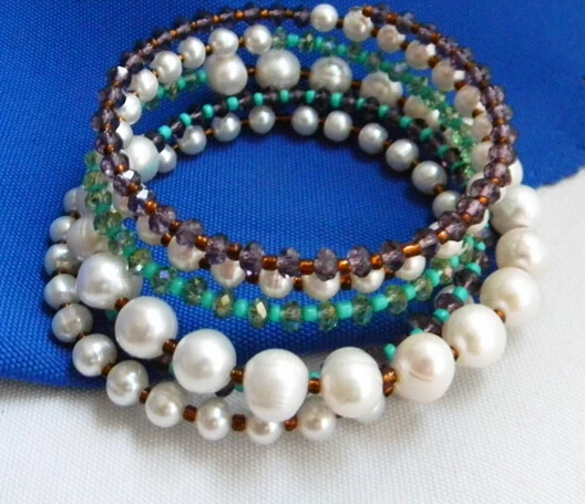 

FREE SHIPPING>>>@@ > 01431 5Strands 8''White Round Freshwater Pearl Green Purple Crystal Bracelet